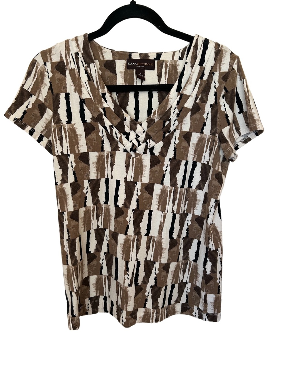 Dana Buchman Beige Brown and White Abstract V-Neck Short Sleeve Top. Sz S.   150